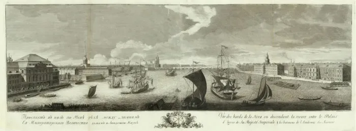Framed Print : View of the Neva Downstream between the Winter Palace and the Academy of Sciences (Book to the 50th anniversary of St Petersburg, 1753. Artist: Kachalov, Grigory Anikeevich (1711-1759) Framed Print : View of the Neva Downstream between the Winter Palace and the Academy of Sciences (Book to the 50th anniversary of St Petersburg, 1753. Artist: Kachalov, Grigory Anikeevich (1711-1759)