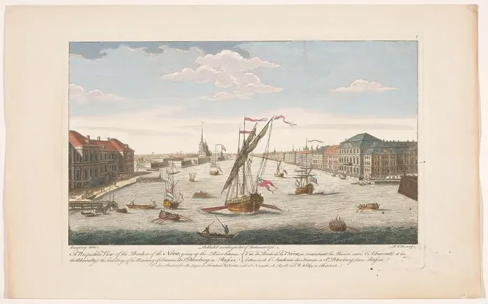 Framed Print : View of the Neva River in Saint Petersburg, viewed against the current, 1756. Creators: Robert Sayer, Robert Watts Framed Print : View of the Neva River in Saint Petersburg, viewed against the current, 1756. Creators: Robert Sayer, Robert Watts