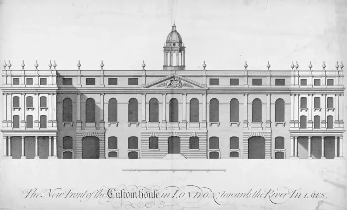 Framed Print : View of the new Custom House, rebuilt after the fire of 1718, City of London, 1722 Framed Print : View of the new Custom House, rebuilt after the fire of 1718, City of London, 1722