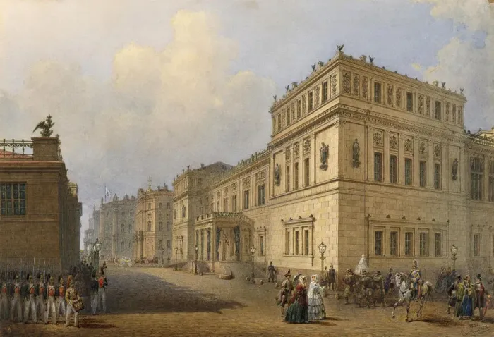 Framed Print : View of the New Hermitage Through Millionnaya Street, 1851. Artist: Sadovnikov, Vasily Semyonovich (1800-1879) Framed Print : View of the New Hermitage Through Millionnaya Street, 1851. Artist: Sadovnikov, Vasily Semyonovich (1800-1879)