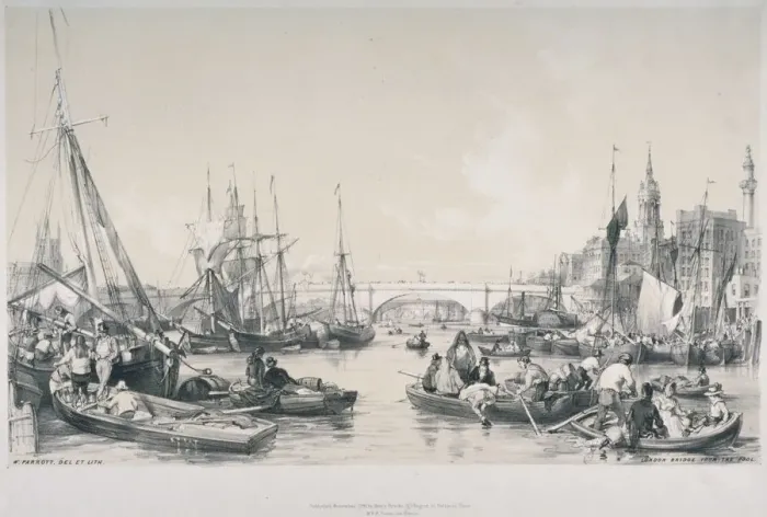 Framed Print : View of the new London Bridge from the pool of the River Thames, 1841 Framed Print : View of the new London Bridge from the pool of the River Thames, 1841