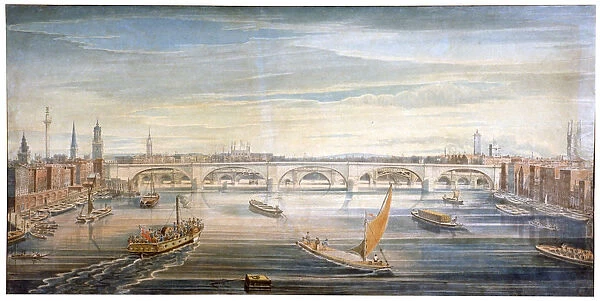 View of the new London Bridge from the west, with boats and barges on the Thames, 1831
