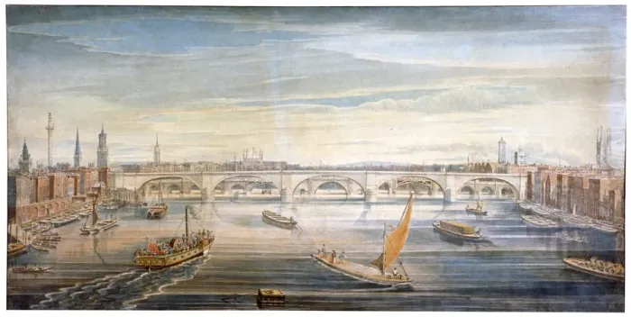Framed Print : View of the new London Bridge from the west, with boats and barges on the Thames, 1831 Framed Print : View of the new London Bridge from the west, with boats and barges on the Thames, 1831