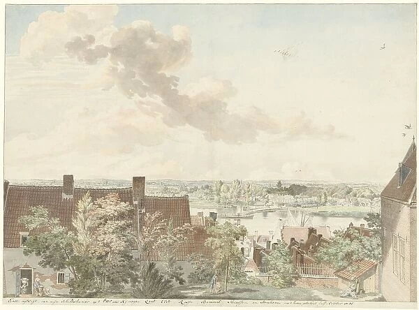 View in Nijmegen with a ferry across the river, 1785. Creator: Hendrick Hoogers