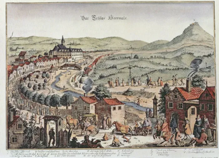 Framed Print : View of the north of Vienna with Schloss Hernals and Kahlenberg hills, colored engraving Framed Print : View of the north of Vienna with Schloss Hernals and Kahlenberg hills, colored engraving