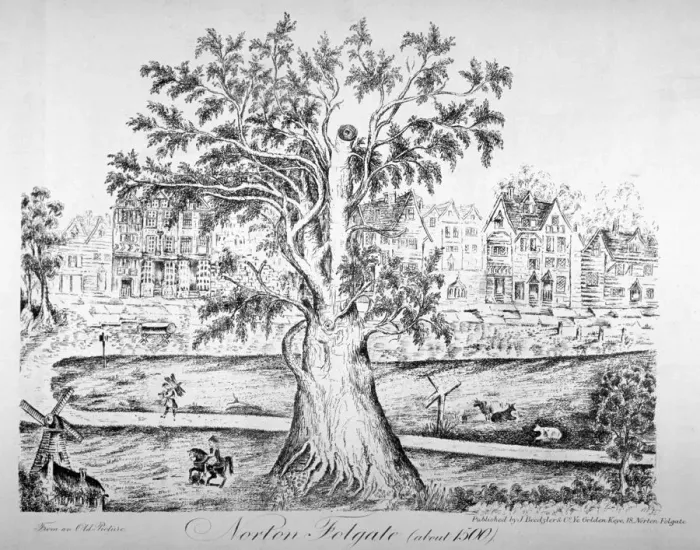 Framed Print : View of Norton Folgate, Shoreditch, London, as it appeared c1500 (c1870). Artist Framed Print : View of Norton Folgate, Shoreditch, London, as it appeared c1500 (c1870). Artist