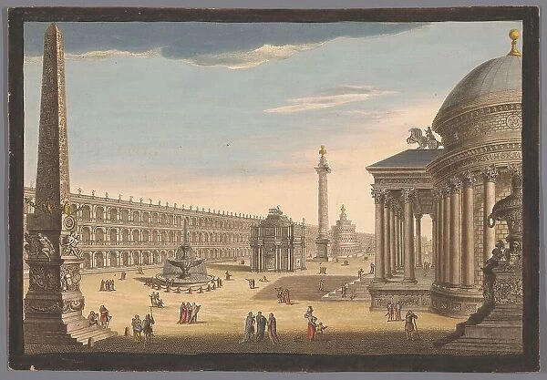 View of an obelisk, a triumphal arch, a column and other structures in Rome, 1756. Creator: Unknown