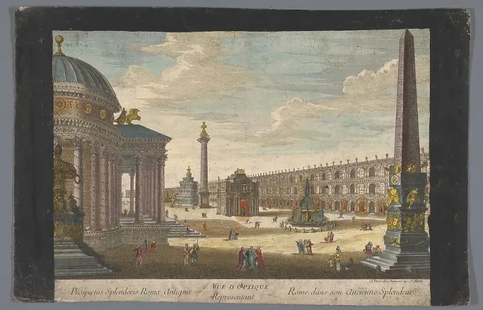 Framed Print : View of an obelisk, a triumphal arch, a column and other structures in Rome, 1745-1775. Creator: Anon Framed Print : View of an obelisk, a triumphal arch, a column and other structures in Rome, 1745-1775. Creator: Anon