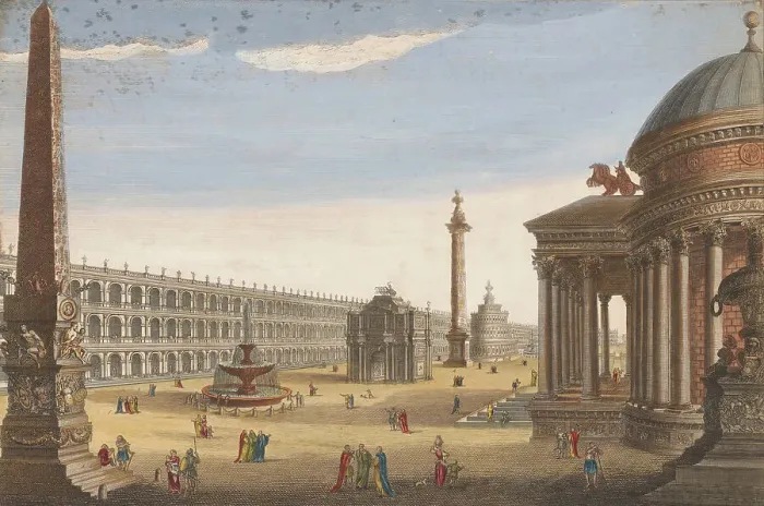 Framed Print : View of an obelisk, a triumphal arch, a column and other structures in Rome, 1756. Creator: Unknown Framed Print : View of an obelisk, a triumphal arch, a column and other structures in Rome, 1756. Creator: Unknown