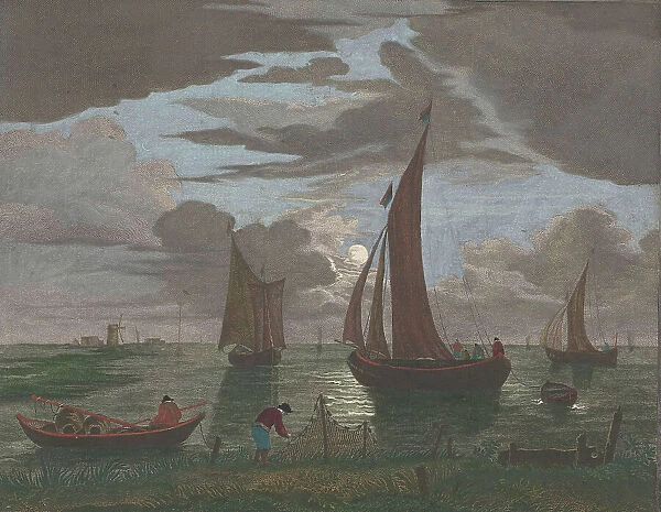 View off the coast with ships and boats on the water in moonlight, 1753-1797. Creators: Pierre François Basan, Pierre Fouquet, Pierre Jacques Duret