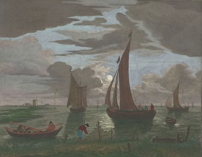 Framed Print : View off the coast with ships and boats on the water in moonlight, 1753-1797. Creators: Pierre François Basan, Pierre Fouquet, Pierre Jacques Duret Framed Print : View off the coast with ships and boats on the water in moonlight, 1753-1797. Creators: Pierre François Basan, Pierre Fouquet, Pierre Jacques Duret