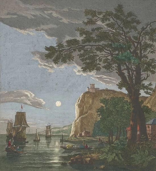 View off the coast with ships and boats on the water in moonlight, 1753-1797. Creators: Pierre François Basan, Pierre Fouquet, Pierre Jacques Duret