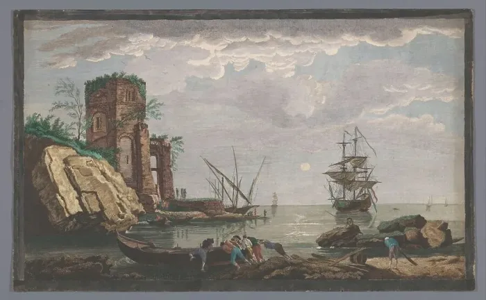 Framed Print : View off the coast in the vicinity of the city of Toulon by Moonlight, 1733-1797. Creators: Pierre François Basan, Jean Francois Feradiny, Anon Framed Print : View off the coast in the vicinity of the city of Toulon by Moonlight, 1733-1797. Creators: Pierre François Basan, Jean Francois Feradiny, Anon