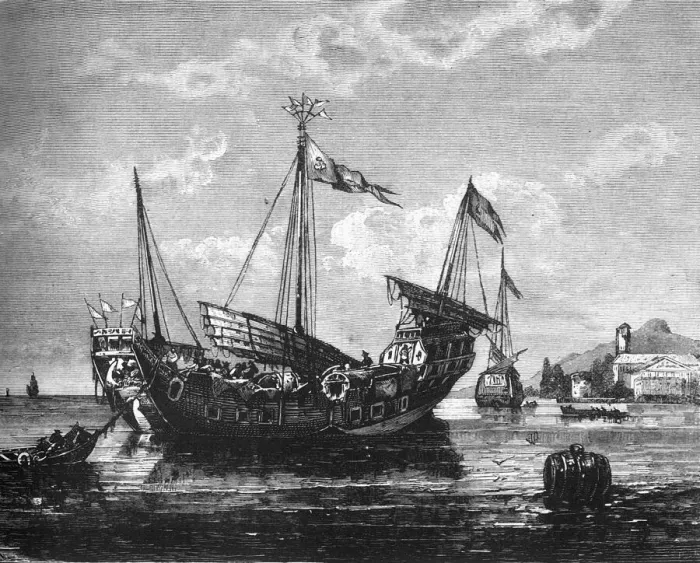 Framed Print : View off Singapore - Chinese Junk Lying at Anchor, c1891. Creator: James Grant Framed Print : View off Singapore - Chinese Junk Lying at Anchor, c1891. Creator: James Grant
