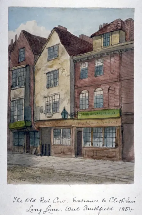 Framed Print : View of the Old Red Cow Inn in Long Lane, Smithfield, City of London, 1854. Artist Framed Print : View of the Old Red Cow Inn in Long Lane, Smithfield, City of London, 1854. Artist