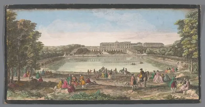 Framed Print : View of the orangery of the Versailles palace, 1700-1799. Creators: Anon, Jacques Rigaud Framed Print : View of the orangery of the Versailles palace, 1700-1799. Creators: Anon, Jacques Rigaud