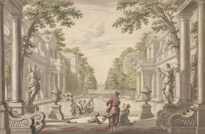 Framed Print : View of a Palace Garden with a Central Pond Surrounded by Classical Architecture... ca Framed Print : View of a Palace Garden with a Central Pond Surrounded by Classical Architecture... ca