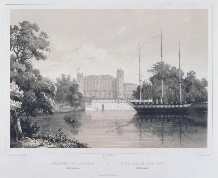 Framed Print : View of the Palace in Gatchina from the Lake, 1850s. Artist: Schulz, Carl (1823-1876) Framed Print : View of the Palace in Gatchina from the Lake, 1850s. Artist: Schulz, Carl (1823-1876)
