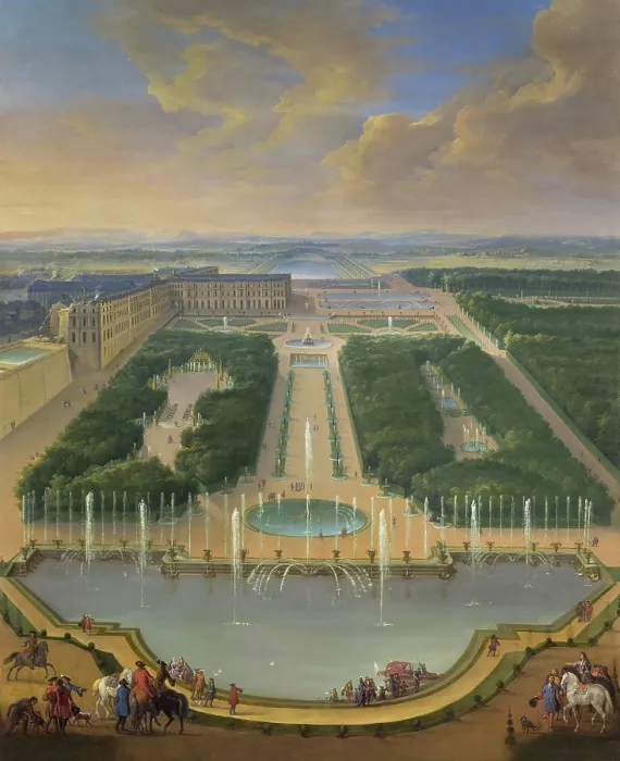 Framed Print : View of the Palace of Versailles from the Dragon Fountain and Neptune Fountain, um 1700. Creator: Martin, Jean-Baptiste (1659-1735) Framed Print : View of the Palace of Versailles from the Dragon Fountain and Neptune Fountain, um 1700. Creator: Martin, Jean-Baptiste (1659-1735)
