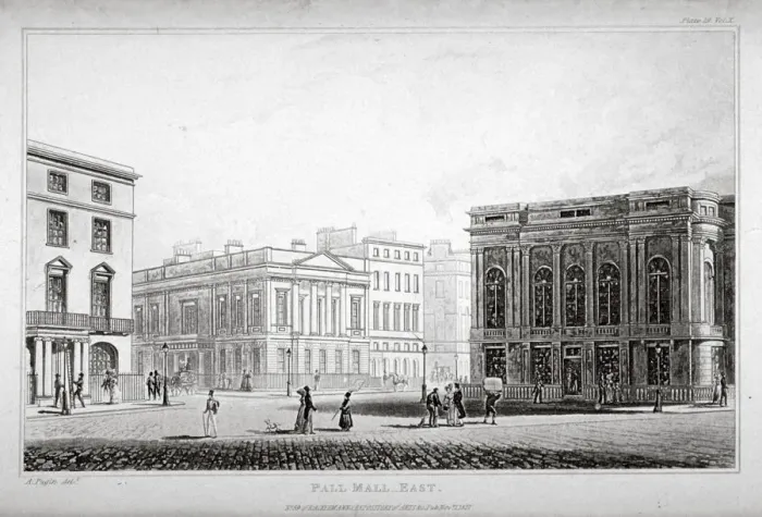 Framed Print : View of Pall Mall East, Westminster, London, 1827 Framed Print : View of Pall Mall East, Westminster, London, 1827