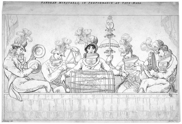 Framed Print : View of the Pandean Minstrels in performance at Vauxhall, London, c1800. Artist: John Lee Framed Print : View of the Pandean Minstrels in performance at Vauxhall, London, c1800. Artist: John Lee