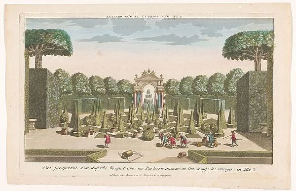 View of a park with trees, hedges and lawns where orange trees are planted in the summer, 1700-1799. Creator: Anon