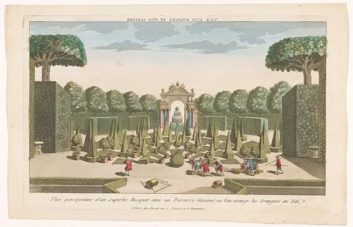 Framed Print : View of a park with trees, hedges and lawns where orange trees are planted in the summer, 1700-1799. Creator: Anon Framed Print : View of a park with trees, hedges and lawns where orange trees are planted in the summer, 1700-1799. Creator: Anon