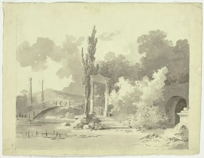 Framed Print : View of the Park at Versailles: Arched Bridge with Columned Approaches, n.d. Creator: Pierre Antoine Mongin Framed Print : View of the Park at Versailles: Arched Bridge with Columned Approaches, n.d. Creator: Pierre Antoine Mongin