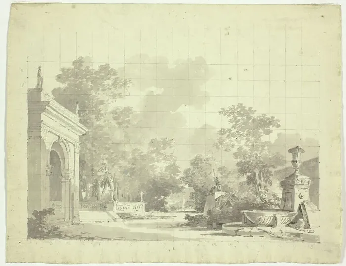 Framed Print : View of the Park at Versailles: Arched Entry to a Terrace, Urns and Ruined Statuary, n.d. Creator: Pierre Antoine Mongin Framed Print : View of the Park at Versailles: Arched Entry to a Terrace, Urns and Ruined Statuary, n.d. Creator: Pierre Antoine Mongin