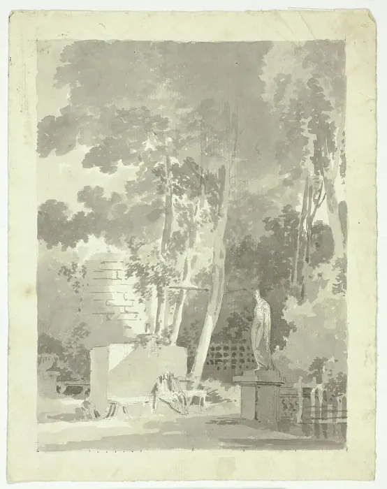 Framed Print : View of the Park at Versailles: Two Figures on a Bench in a Clearing, Female Statue Nearby, n.d. Creator: Pierre Antoine Mongin Framed Print : View of the Park at Versailles: Two Figures on a Bench in a Clearing, Female Statue Nearby, n.d. Creator: Pierre Antoine Mongin