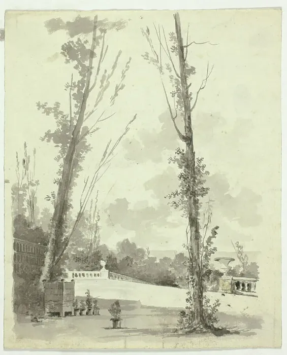 Framed Print : View of the Park at Versailles: Two Poplar Trees with Balustraded Walk in Background, n.d. Creator: Pierre Antoine Mongin