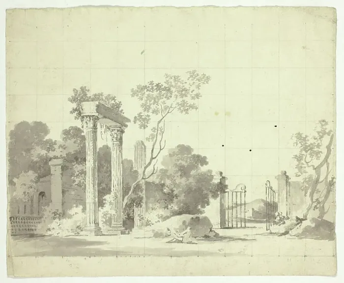 Framed Print : View of the Park at Versailles: Ruined Columns and an Open Iron Gate, n.d. Creator: Pierre Antoine Mongin Framed Print : View of the Park at Versailles: Ruined Columns and an Open Iron Gate, n.d. Creator: Pierre Antoine Mongin