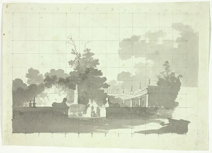 Framed Print : View of the Park at Versailles: Two Sphinxes and a Couple Near a Colonnade, n.d. Creator: Pierre Antoine Mongin Framed Print : View of the Park at Versailles: Two Sphinxes and a Couple Near a Colonnade, n.d. Creator: Pierre Antoine Mongin