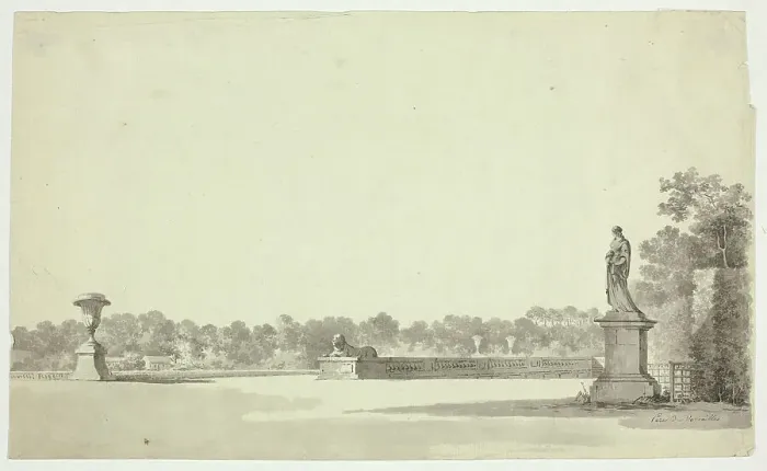 Framed Print : View of the Park at Versailles: Terrace with Urn, Sphinx and Female Statue, n.d. Creator: Pierre Antoine Mongin Framed Print : View of the Park at Versailles: Terrace with Urn, Sphinx and Female Statue, n.d. Creator: Pierre Antoine Mongin