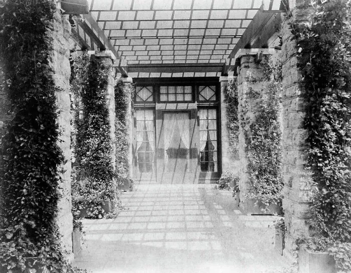 Framed Print : View of pergola, toward door, to home of Edmund Cogswell Converse, Greenwich, Connecticut, 1908. Creator: Frances Benjamin Johnston Framed Print : View of pergola, toward door, to home of Edmund Cogswell Converse, Greenwich, Connecticut, 1908. Creator: Frances Benjamin Johnston