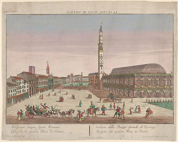 View of the Piazza dei Signori of Vicenza with horse-drawn carriages and figures... ca