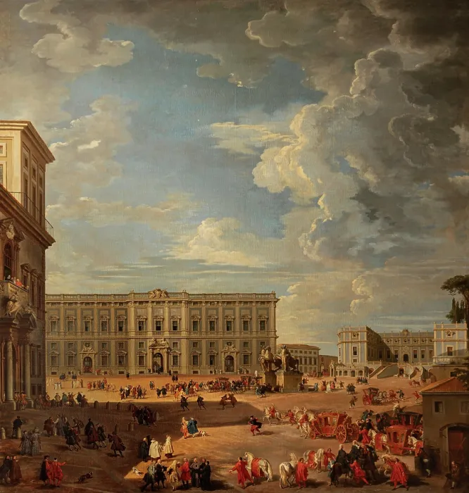 Framed Print : View of the Piazza del Quirinale, 1733. Creator: Pannini (Panini), Giovanni Paolo (1691-1765) Framed Print : View of the Piazza del Quirinale, 1733. Creator: Pannini (Panini), Giovanni Paolo (1691-1765)