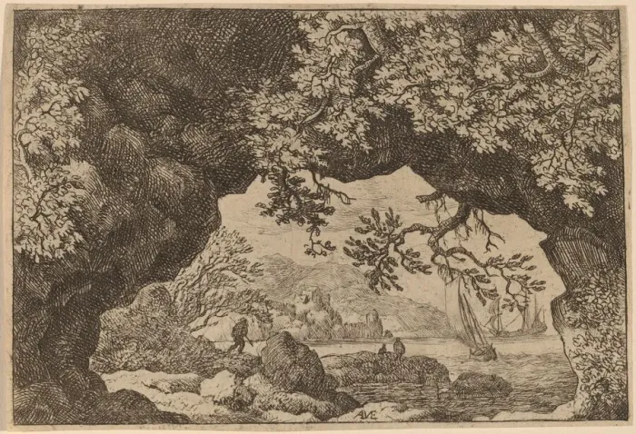 Framed Print : View through a Pierced Rock, probably c. 1645 / 1656. Creator: Allart van Everdingen Framed Print : View through a Pierced Rock, probably c. 1645 / 1656. Creator: Allart van Everdingen