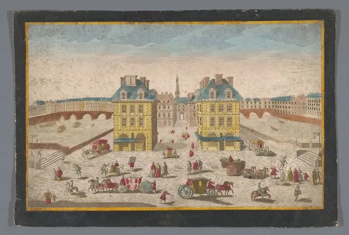 Framed Print : View of the Place Dauphine with the built-up Pont au Change and the Pont Saint-Michel... 1700-1799. Creator: Anon Framed Print : View of the Place Dauphine with the built-up Pont au Change and the Pont Saint-Michel... 1700-1799. Creator: Anon