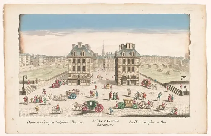 Framed Print : View of Place Dauphine with the built-up Pont au Change and Pont Saint-Michel... 1745-1775. Creator: Anon Framed Print : View of Place Dauphine with the built-up Pont au Change and Pont Saint-Michel... 1745-1775. Creator: Anon