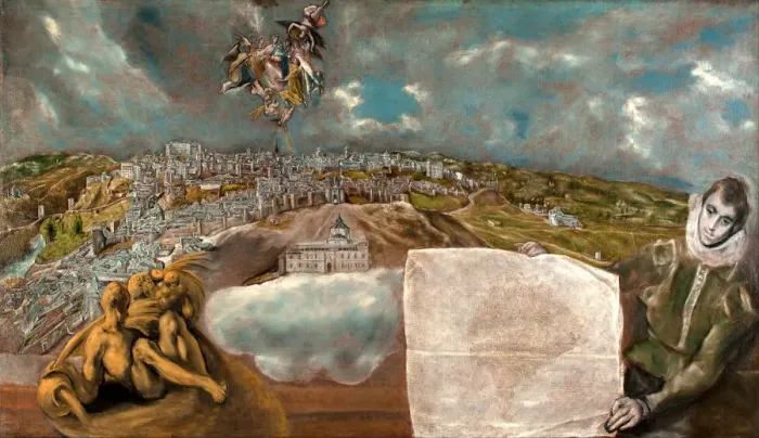 Framed Print : View and Plan of Toledo. Artist: El Greco, Dominico (1541-1614) Framed Print : View and Plan of Toledo. Artist: El Greco, Dominico (1541-1614)