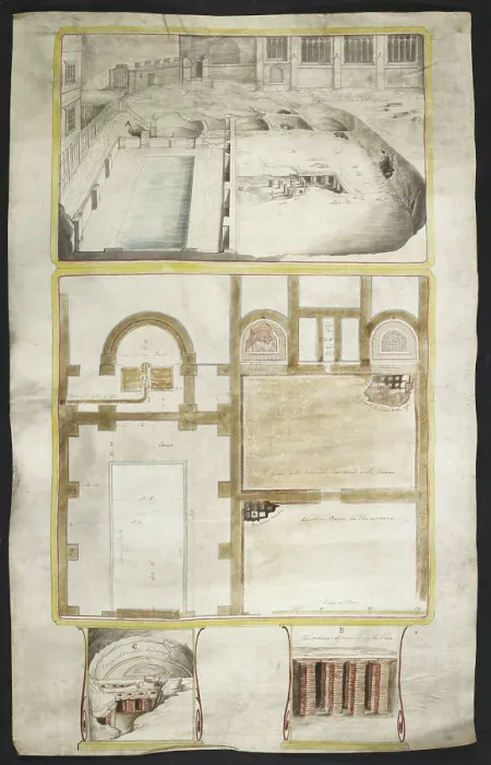 Framed Print : View and plans of the Roman baths at Bath, co. Somerset... 1762. Creator: William Hoare Framed Print : View and plans of the Roman baths at Bath, co. Somerset... 1762. Creator: William Hoare