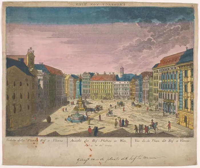 Framed Print : View of the Platz am Hof in Vienna, 1780-c.1830. Creators: Anon, Josef Carmine Framed Print : View of the Platz am Hof in Vienna, 1780-c.1830. Creators: Anon, Josef Carmine