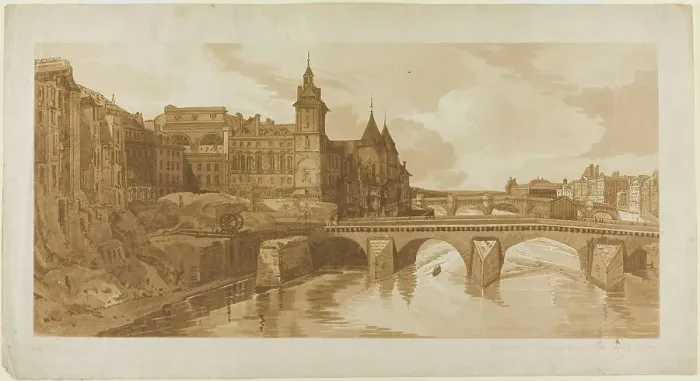 Framed Print : View of Pont au Change, the City Theatre, Pont Neuf, Conciergerie Prison, etc... July 12, 1802. Creator: Thomas Girtin Framed Print : View of Pont au Change, the City Theatre, Pont Neuf, Conciergerie Prison, etc... July 12, 1802. Creator: Thomas Girtin