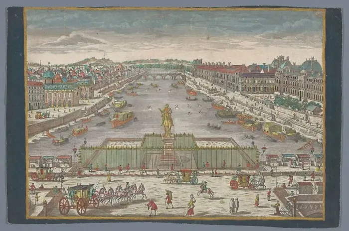 Framed Print : View of the Pont Neuf over the Seine River in Paris, towards the Pont Royal, 1742-1801. Creator: Anon Framed Print : View of the Pont Neuf over the Seine River in Paris, towards the Pont Royal, 1742-1801. Creator: Anon
