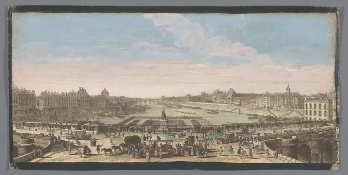 Framed Print : View of the Pont Neuf over the Seine River in Paris, seen towards the Pont Royal, 1700-1799. Creators: Anon, Jacques Rigaud Framed Print : View of the Pont Neuf over the Seine River in Paris, seen towards the Pont Royal, 1700-1799. Creators: Anon, Jacques Rigaud