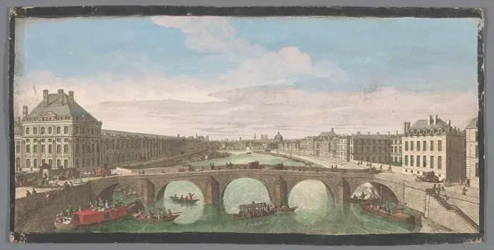 Framed Print : View of the Pont Royal over the Seine River in Paris, seen towards the Pont Neuf, 1700-1799. Creators: Anon, Jacques Rigaud