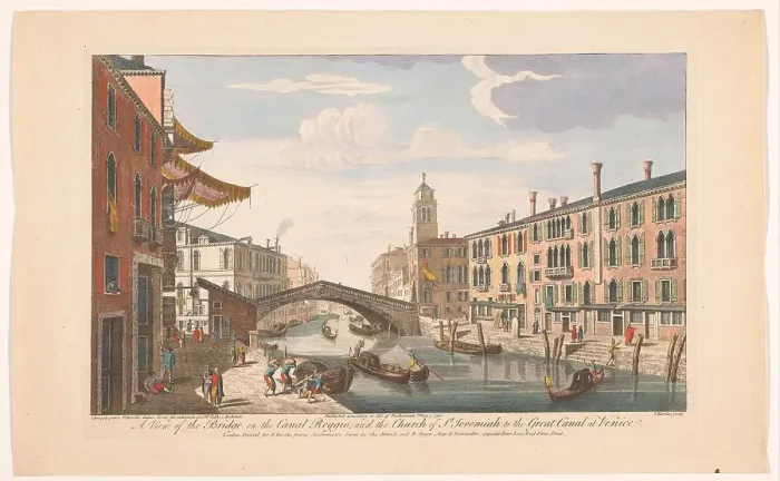 Framed Print : View of the Ponte delle Guglie over the Canale di Cannaregio in Venice, 1750. Creator: Thomas Bowles Framed Print : View of the Ponte delle Guglie over the Canale di Cannaregio in Venice, 1750. Creator: Thomas Bowles