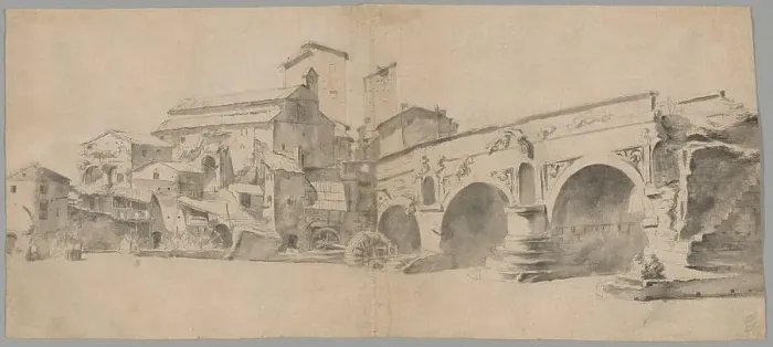 Framed Print : View of the Ponte Rotto, Rome, with Watermills, late 1630s. Creator: Jan Asselijin Framed Print : View of the Ponte Rotto, Rome, with Watermills, late 1630s. Creator: Jan Asselijin