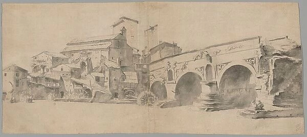 View of the Ponte Rotto, Rome, with Watermills, late 1630s. Creator: Jan Asselijin